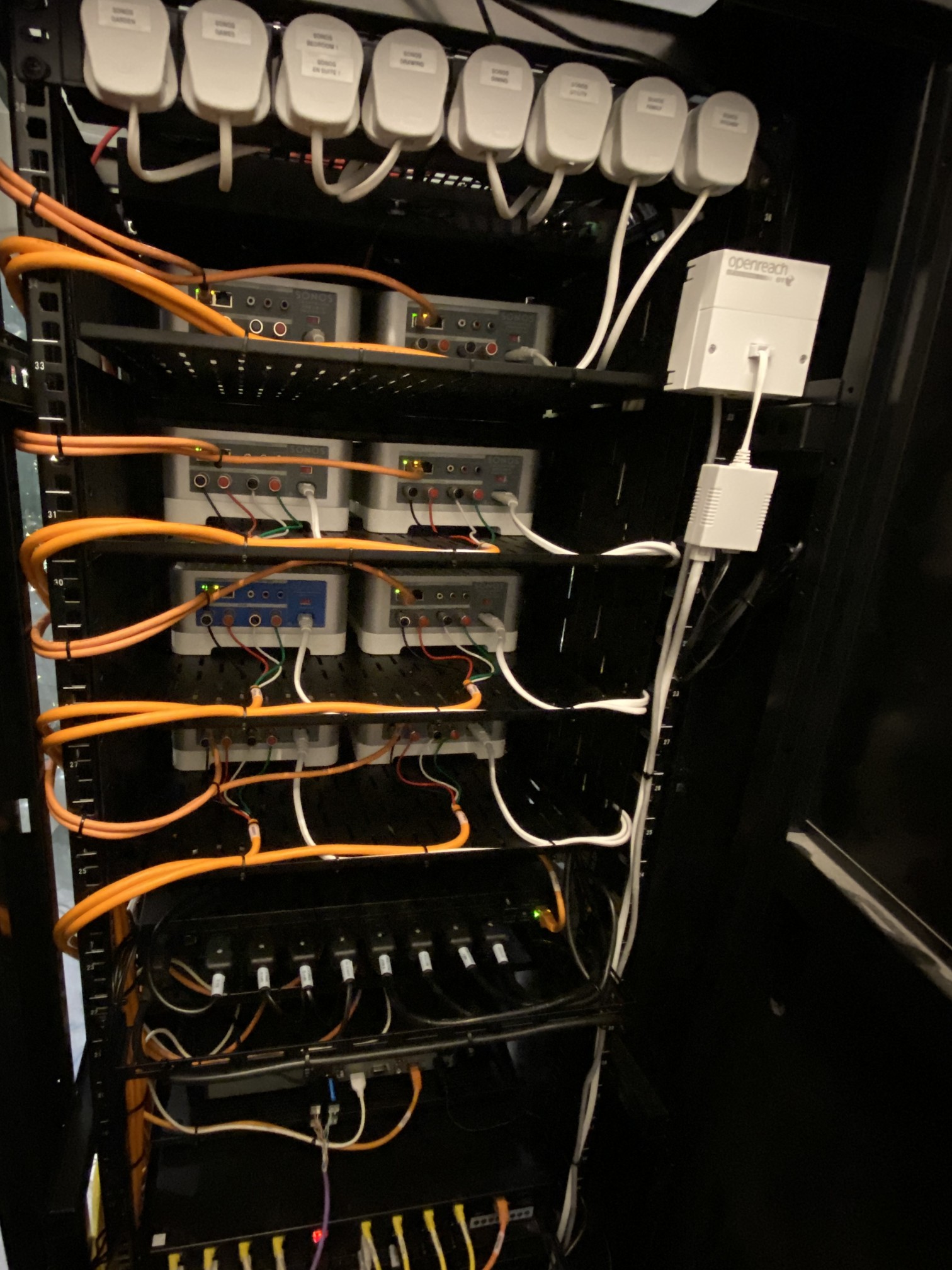 Multimedia AV rack with multiple Sonos Connects, and network switches cable managed and optimised