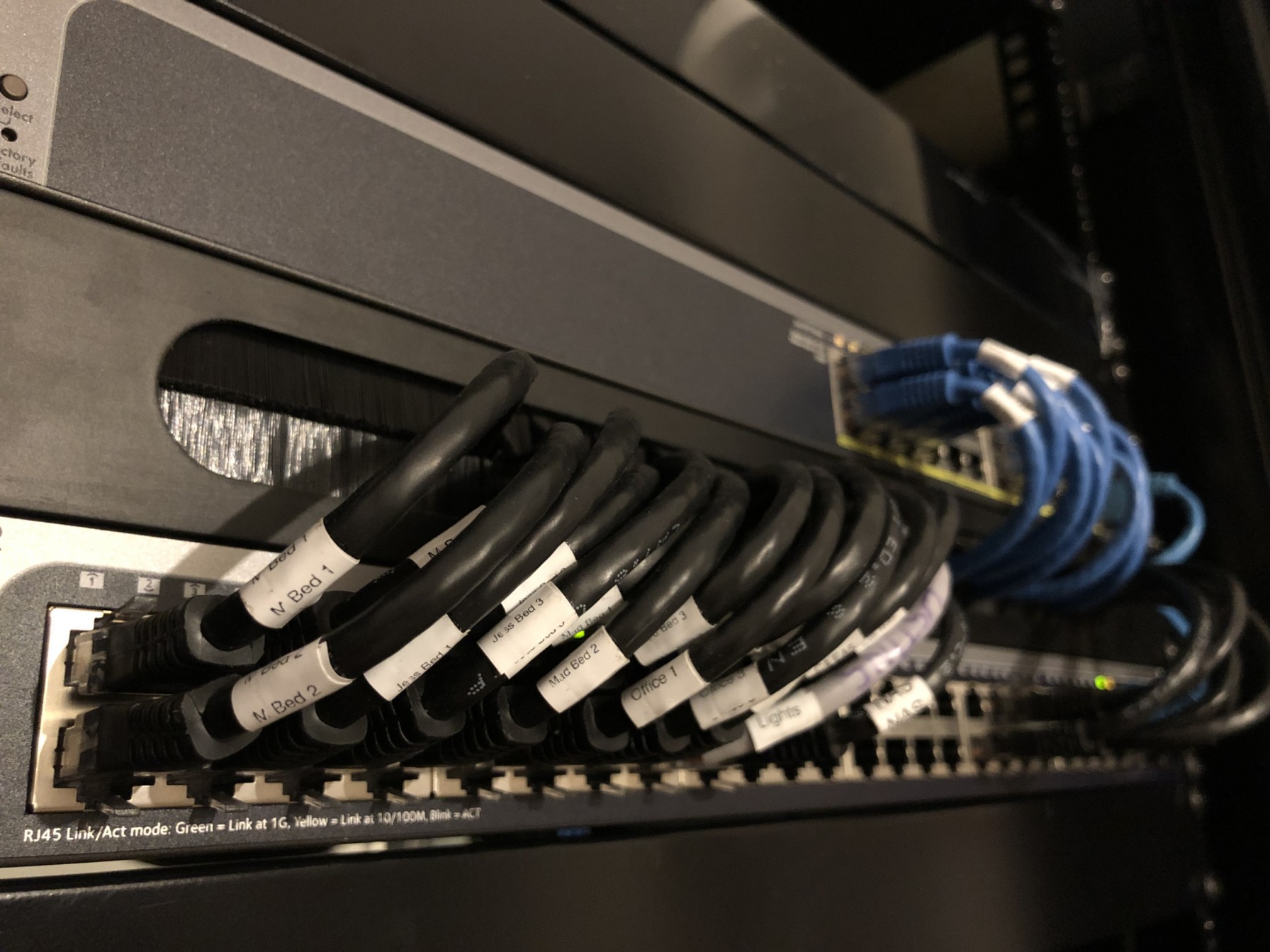 AV rack with ethernet cables plugged into a switch